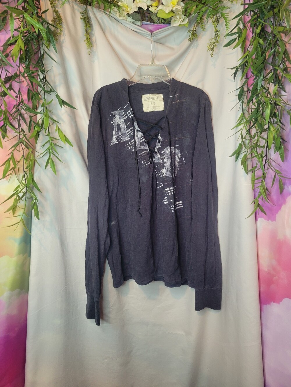 Grunge Goth Baddie Long Sleeve Lace-Up Front Shirt (Altered)